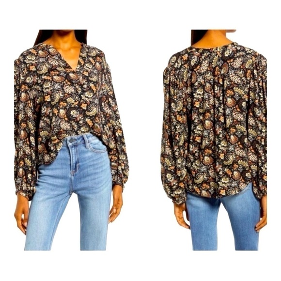 Treasure & Bond Tops - Treasures & Bond Blouse Womens Small Black Floral Meadow Pop Over V Neck New